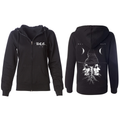 A women's black zip up hoodie with custom Blackcraft artwork