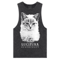 A soft stone washed black tank top with a gothic cat print on the front, from Blackcraft.
