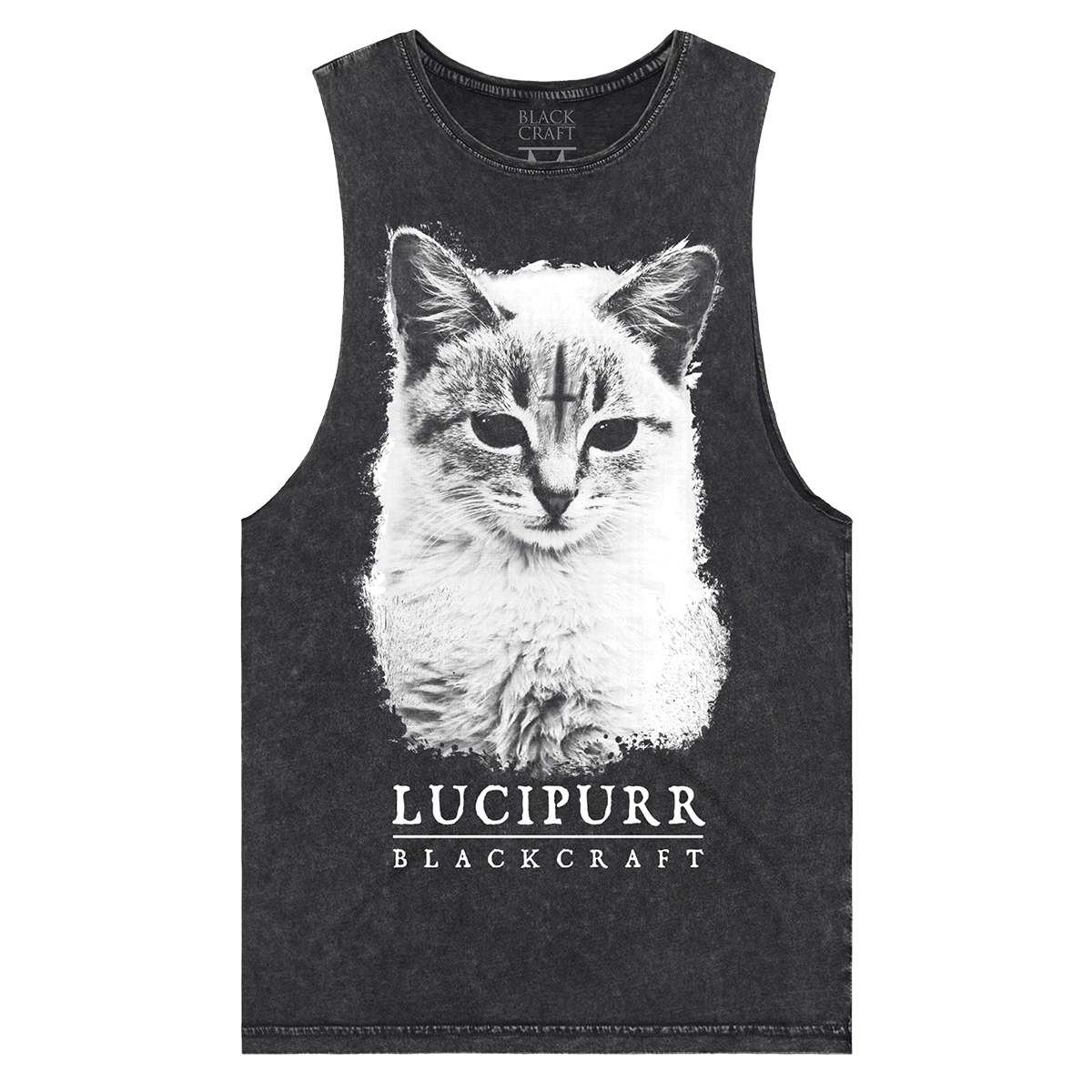 A soft stone washed black tank top with a gothic cat print on the front, from Blackcraft.