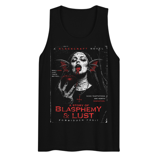 A classic black cotton tank top with custom Blackcraft artwork in red and white across the front. 