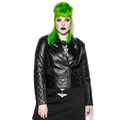 A green haired model wearing a classic black faux leather jacket from Blackcraft.