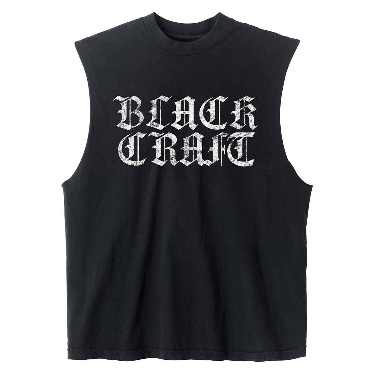 A black cotton muscle tank top with the Blackcraft logo on the front in old english font. 