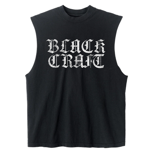 A black cotton muscle tank top with the Blackcraft logo on the front in old english font. 