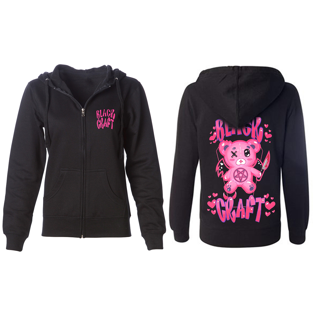 A women's black zip up hoodie with custom pink Blackcraft artwork.