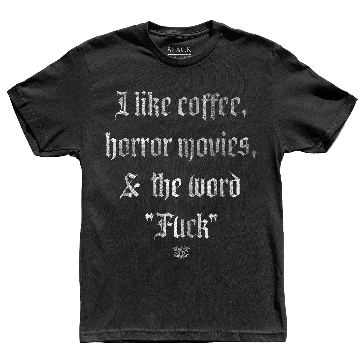 A black cotton tee with custom artwork on the front from Blackcraft.